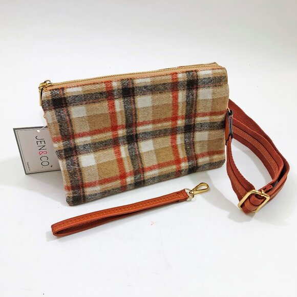 NWT Jen & Co Izzy Crossbody Wristlet Bag Black Cream Plaid 6.5x10x2 inches - Picture 2 of 9